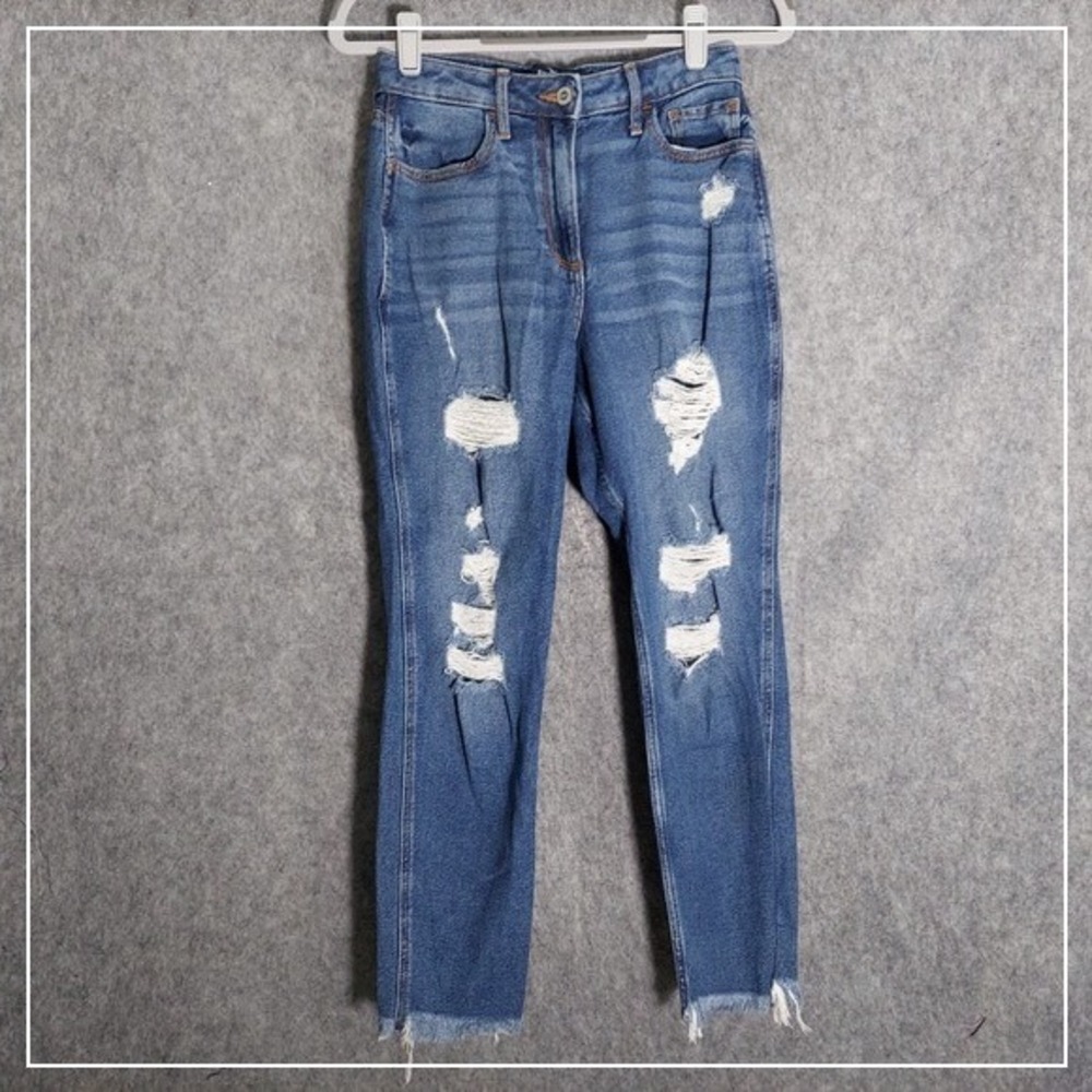 Hollister Women Jeans 25 Curvy High Rise Mom Straight Cut Off Fringe Trashed